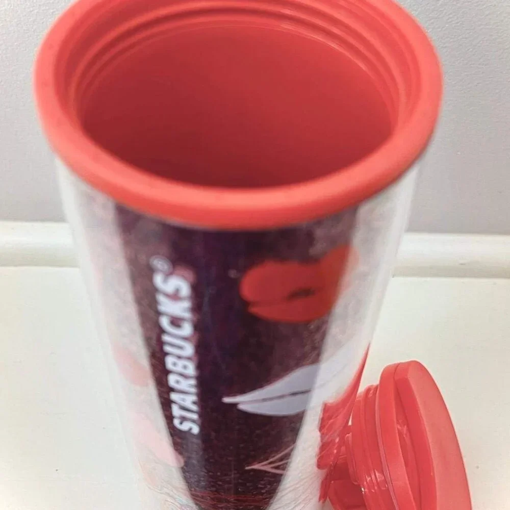 Starbucks Valentine's Day Red Lips Pink Hearts with Glitter Insulated Tumbler - Picture 4 of 11